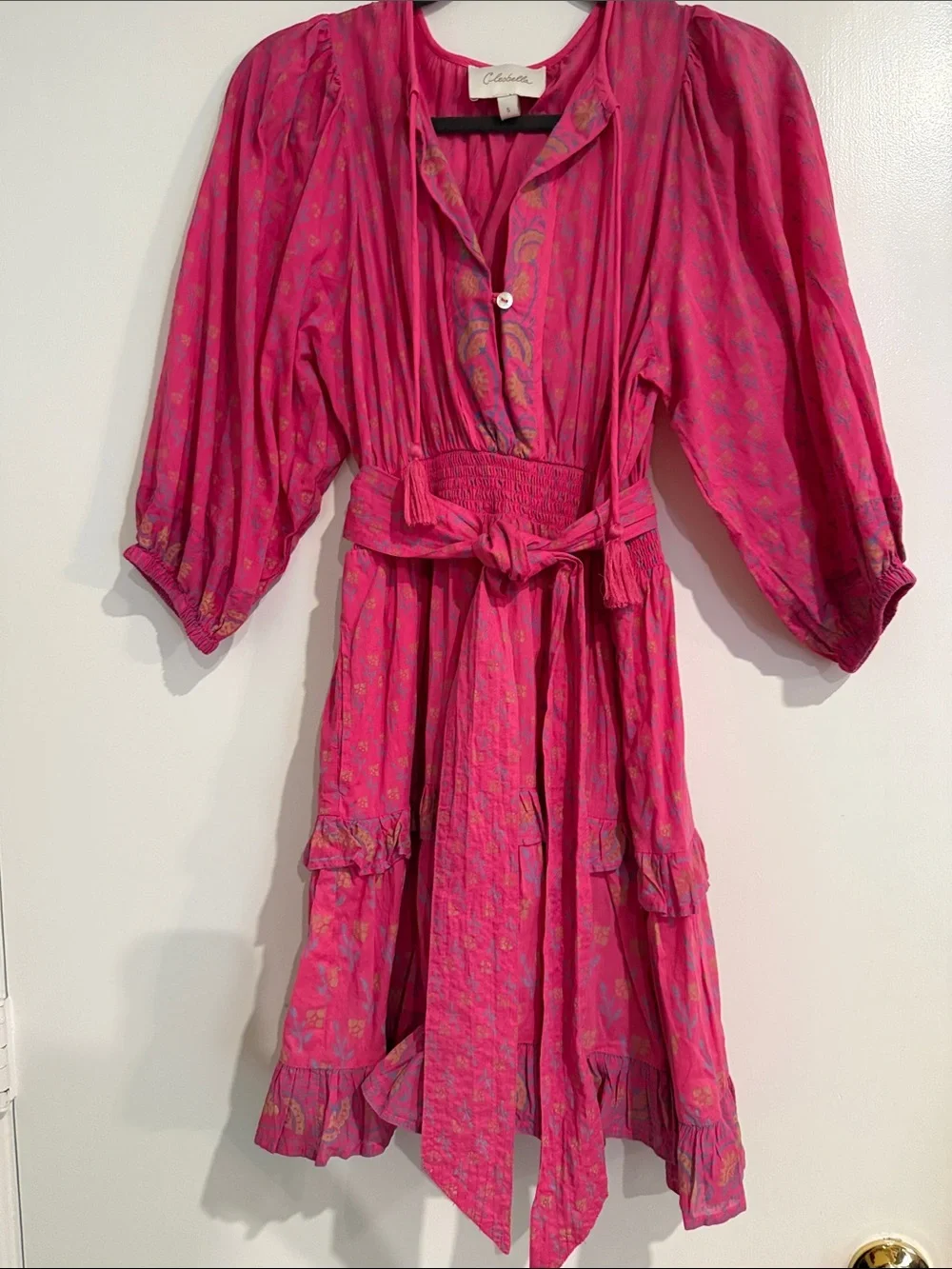 Cleobella Hot Pink Tiered Tie-Waist Mini Dress